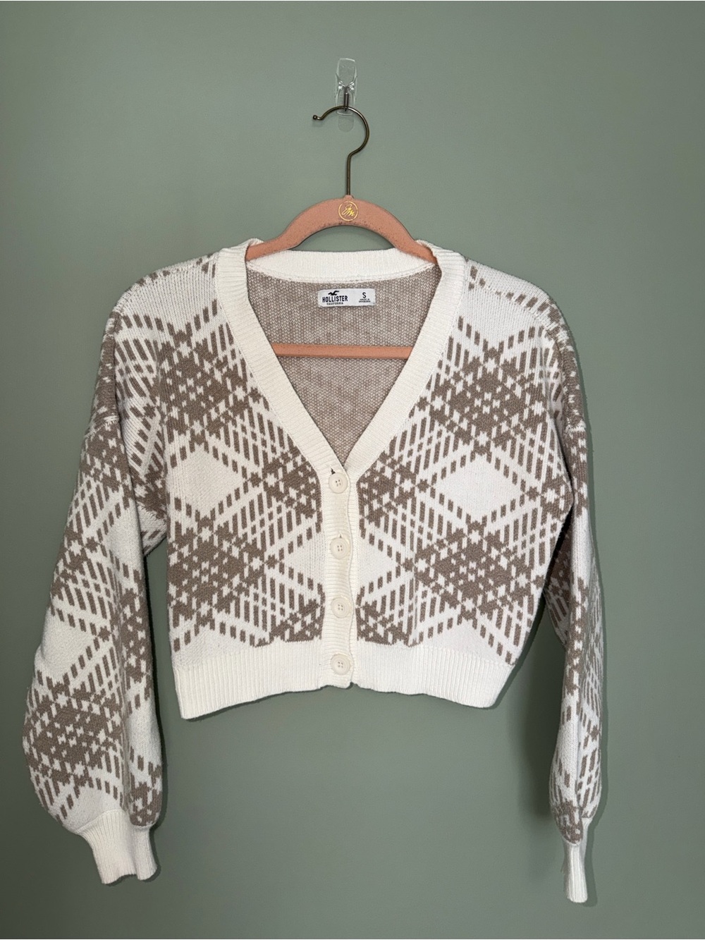Hollister Cream & Taupe Argyle Cropped Button Cardigan Sweater